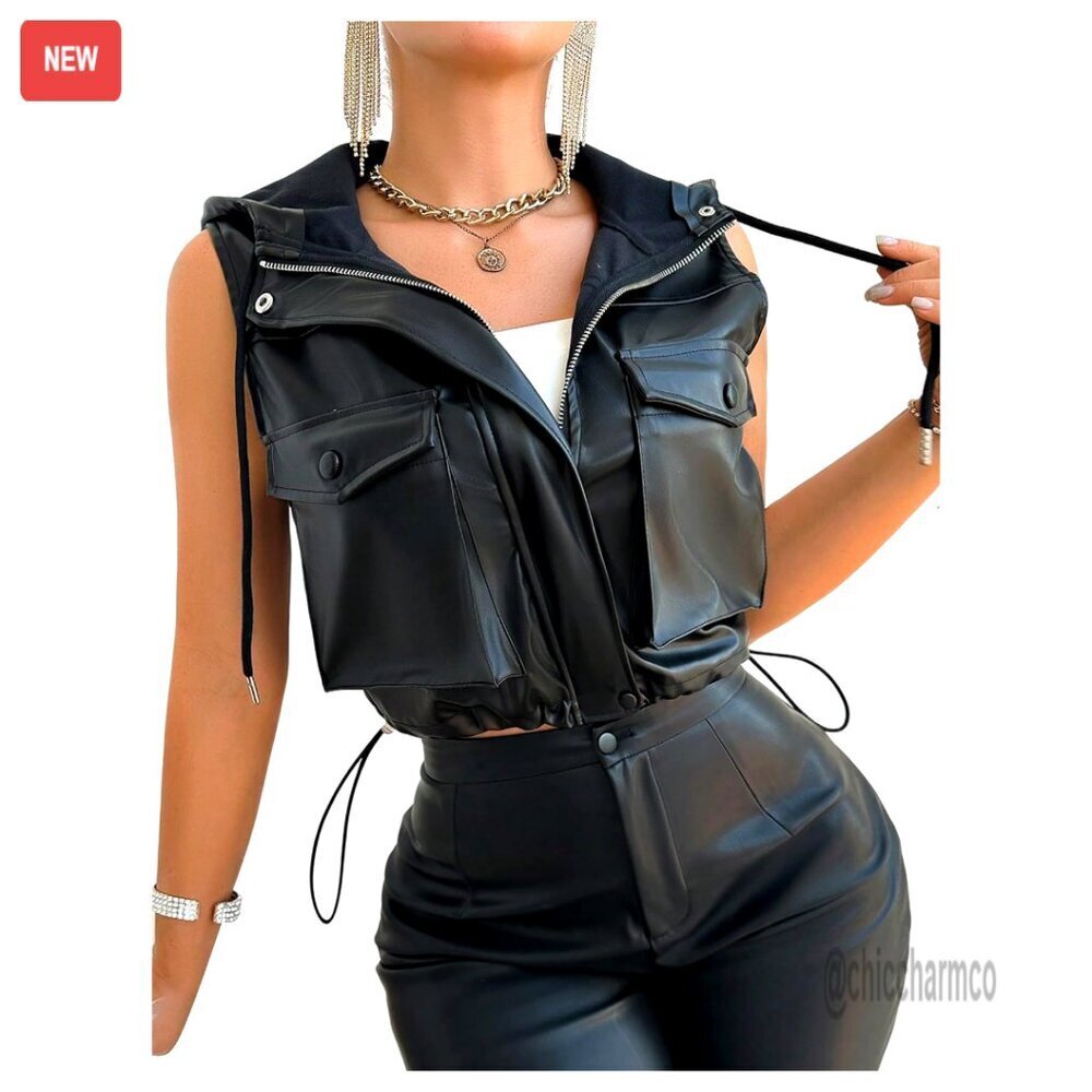 PU Leather Zip Up Cropped Vest Sleeveless Hooded Jacket with Pockets